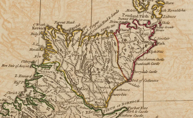 Detail showing Sutherland and Caithness from Herman Moll’s map of 1714 : ‘The North Part of Great Britain called Scotland’ . The map was published by Thomas Bowles, London, circa 1736. (Image: © New York Public Library, Open Access Collection: Lionel Pincus and Princess Firyal Map Division.)