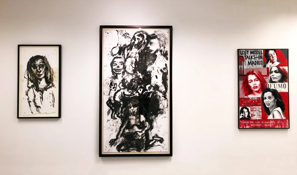 Shani Rhys James , Christine , 101.5 x 52.5 cm (LEFT), and Pandora’s iPad , 190 x 100 cm (CENTRE), both 2018, oil on gessoed paper. and (RIGHT) Sal Jones , I took on the sins of a generation , 2016, oil on canvas, 122 x 76 cm. Installation view at Vane, Newcastle Upon Tyne.