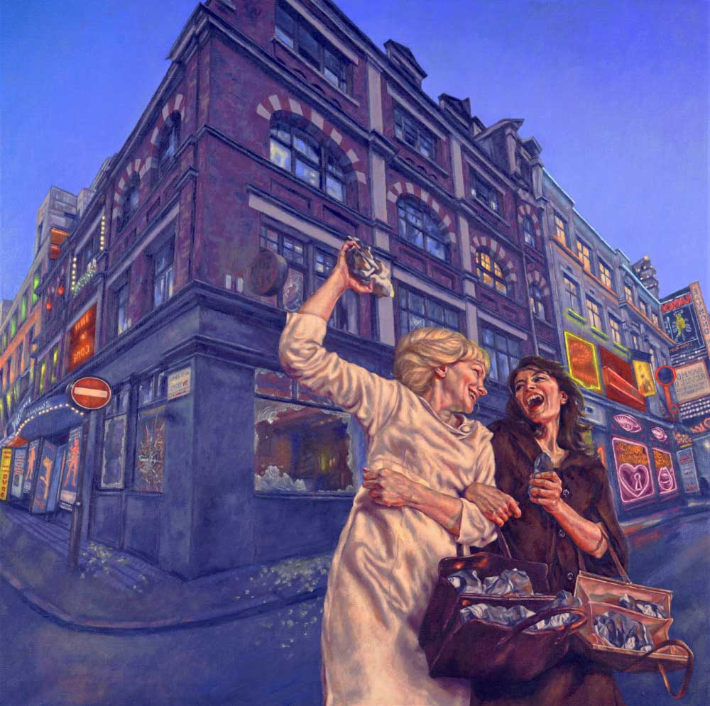Roxana Halls , Laughing While Smashing (for Mandy and Christine) , 2018, oil on linen, 105 x 105 cm, private collection