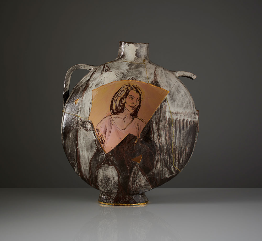 Claudia Clare , Christine Keeler: An Uncertain Pilgrimage , 2019, slip painted earthenware, glazed, with gold leaf, 40 cm high x 38 cm wide. Image credit: Sylvian Deleu