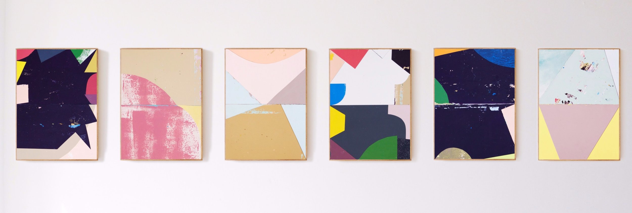Jo Hummel , Glow, Sunday, Toy, Tennis, Night Owl & Bathing , Acrylic and emulsion on watercolour paper and ply, 28 x 38 cm