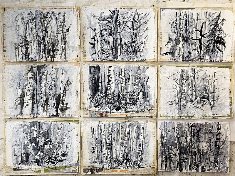 Mary Walters , Encircled by the Forest , Newspapers, acrylic paint, ink, 2016.