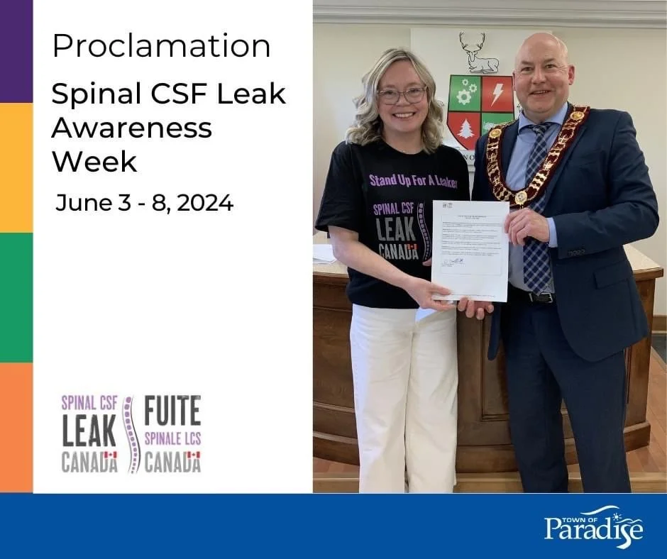  Mayor Dan Bobbett joins with Jolene Hanrahan of Spinal CSF Leak Canada to proclaim June 3-8 as Spinal CSF Leak Awareness Week - a time to "Stand up for a Leaker" to raise awareness about efficient diagnosis and better access to treatment for patient