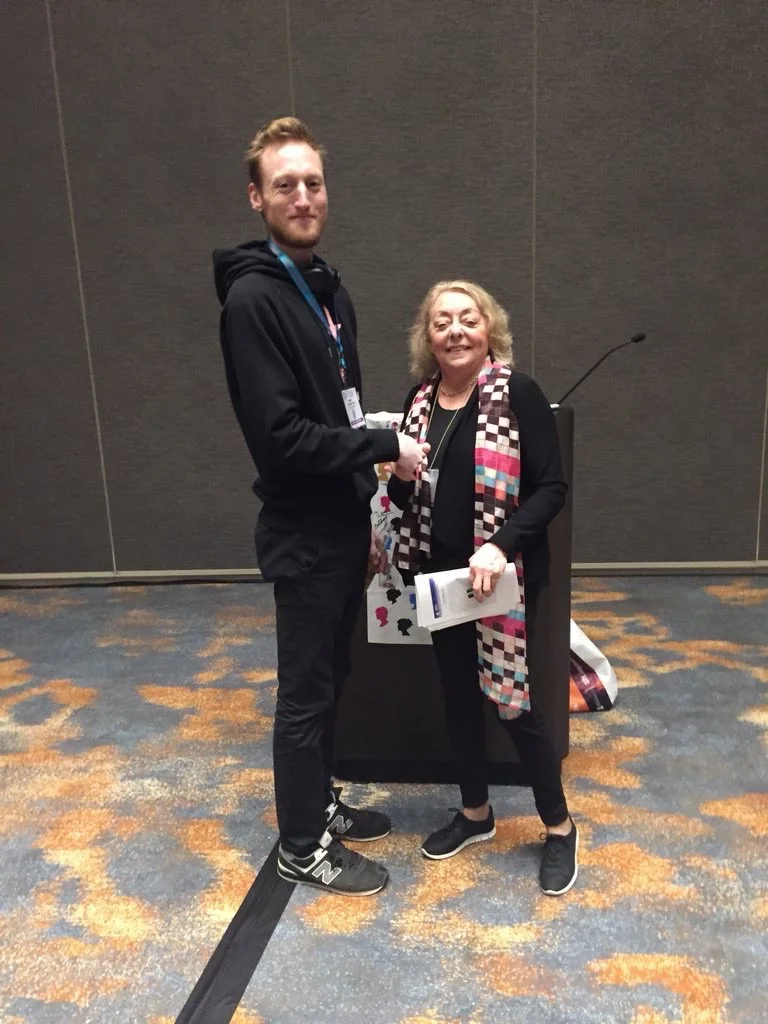 Me (left) and SBN President Rae Silver, a legend in the field for her work on circadian rhythms , awarding me the WC Young Recent Graduate Award at the SBN Social event in the Marriott Marquis next to the San Diego Convention Center.