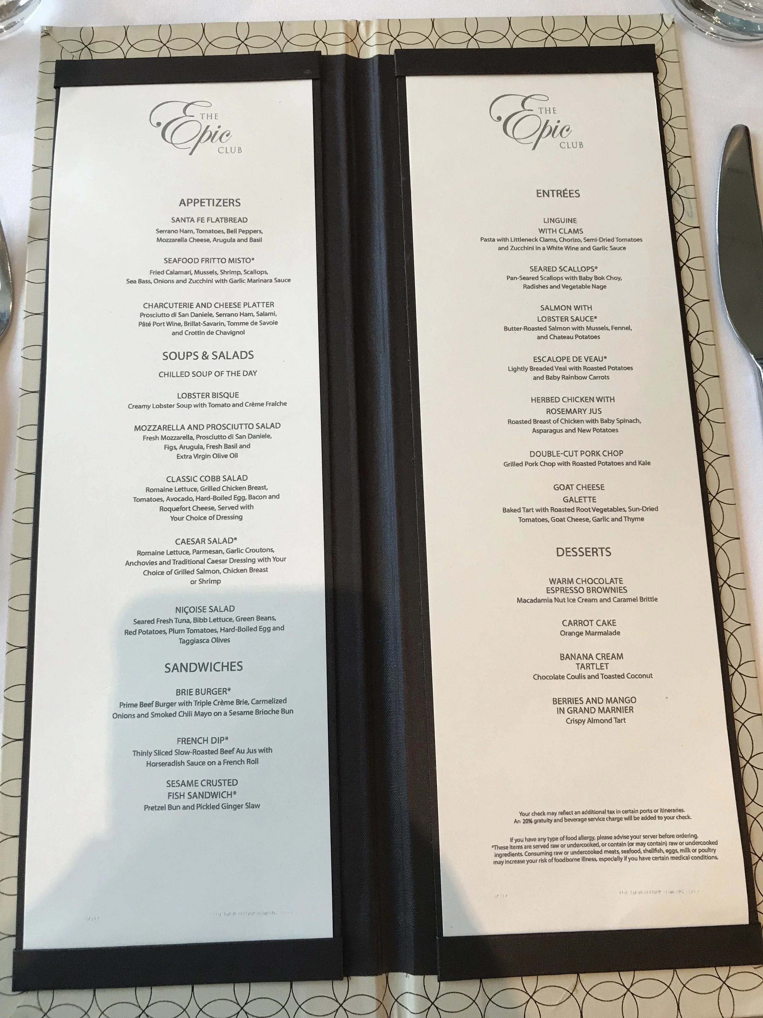 Epic Lounge Embarkation Lunch Menu
