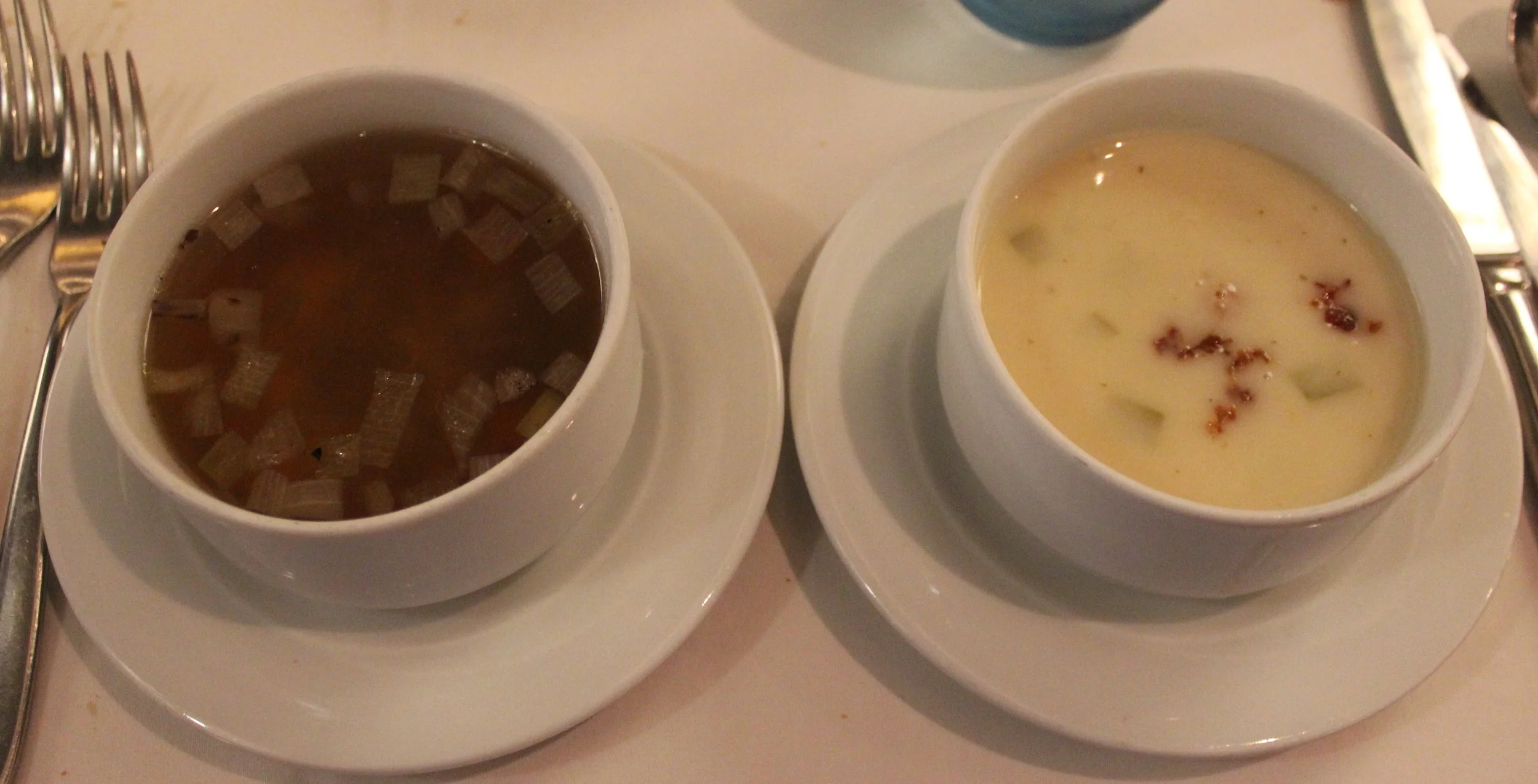 Matzo Ball Soup (left) and the New England Clam Chowder (right)