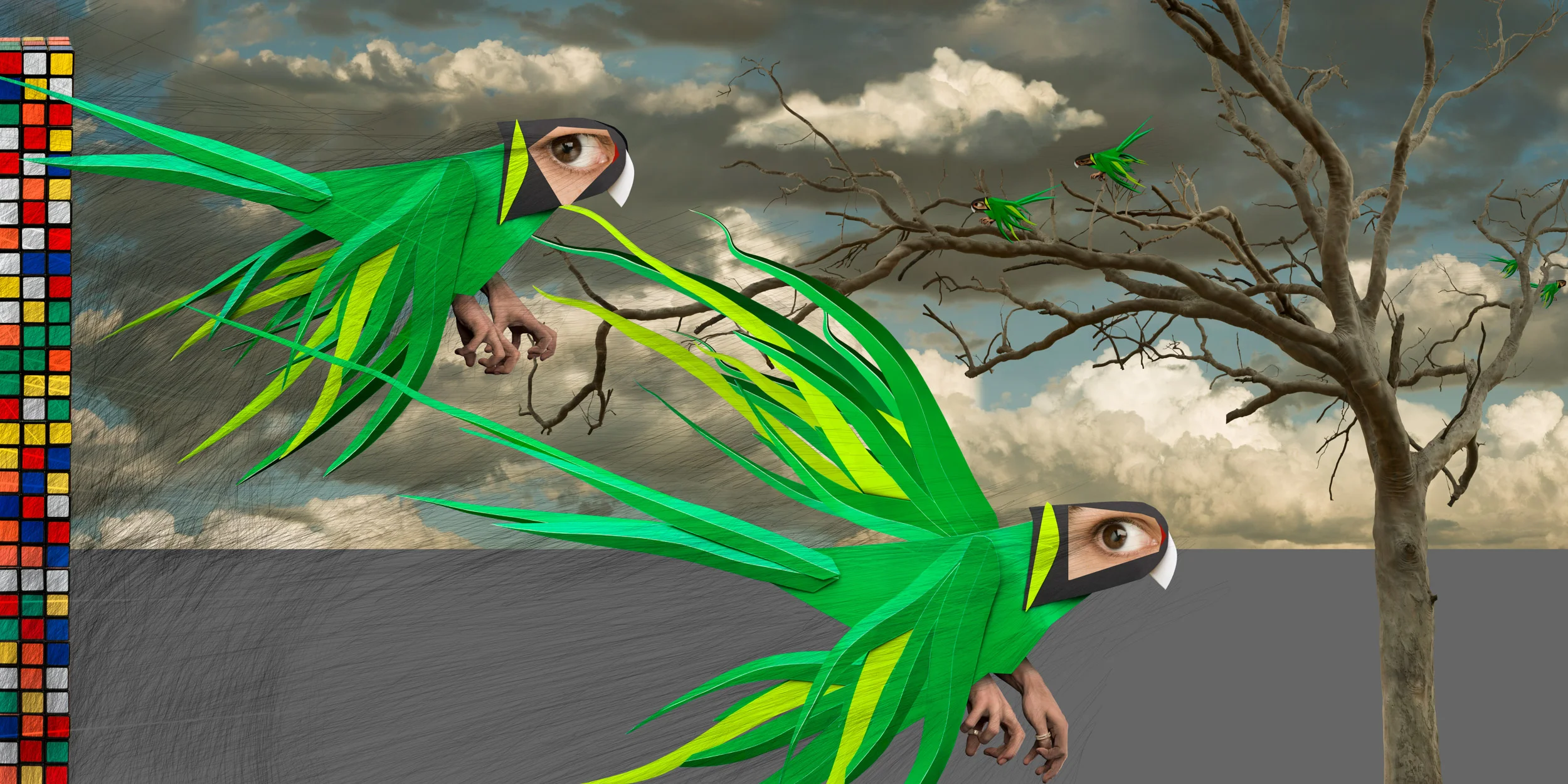 A surreal digital artwork of two parrots with human eyes and beaks, green flowing feathers, perched on the ground in front of a barren tree with a cloudy sky background and several smaller green birds flying near the tree.