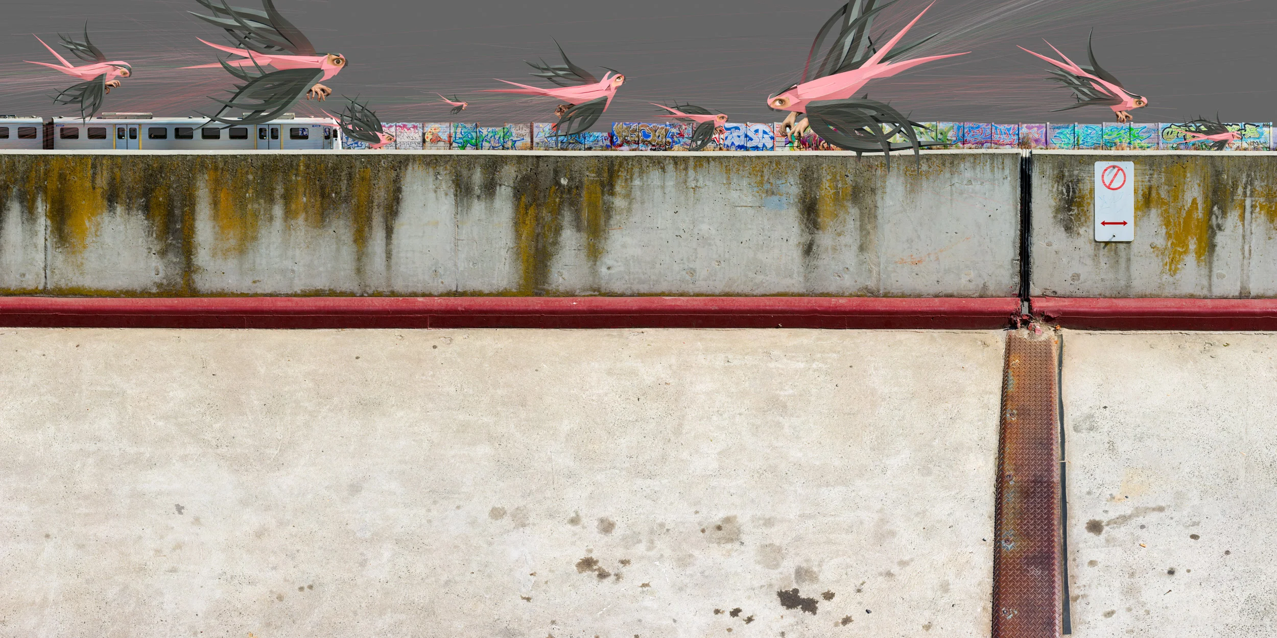 Digital art of pink birds with long tails flying over a city street with graffiti-covered wall and train in the background.