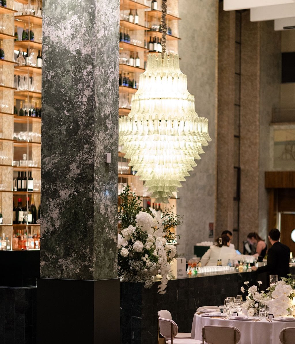 Draped ceilings, a statement chandelier and a palette of whites and greens inspired by MCA&rsquo;s beautiful green marble columns for N+A&rsquo;s reception dinner. ✨

Bride | @nikolettadiamond
Groom | @aggie_swan
Reception | @mca_australia
Planner