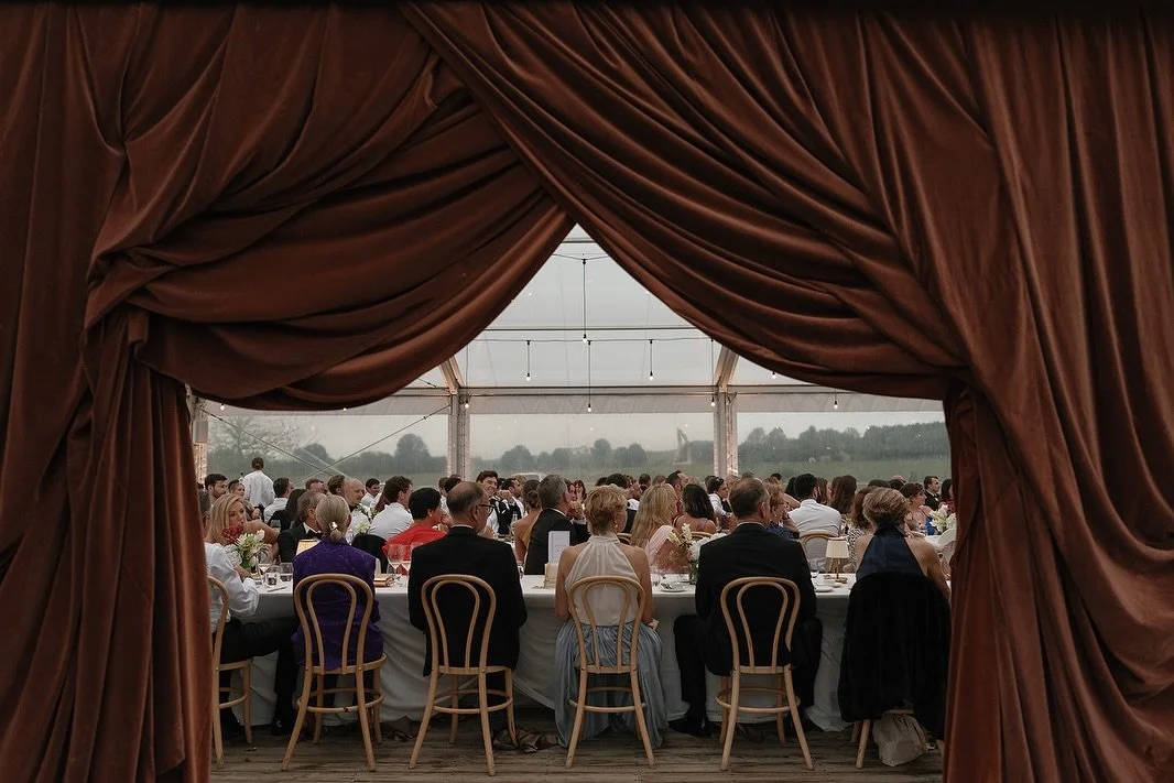 One of our favourite details from E+N&rsquo;s wedding.

Layers of rich drapery framing the countryside beyond, creating a moment that felt both immersive
and completely at home in its surroundings.

And, of course, an unexpected guest making an ap