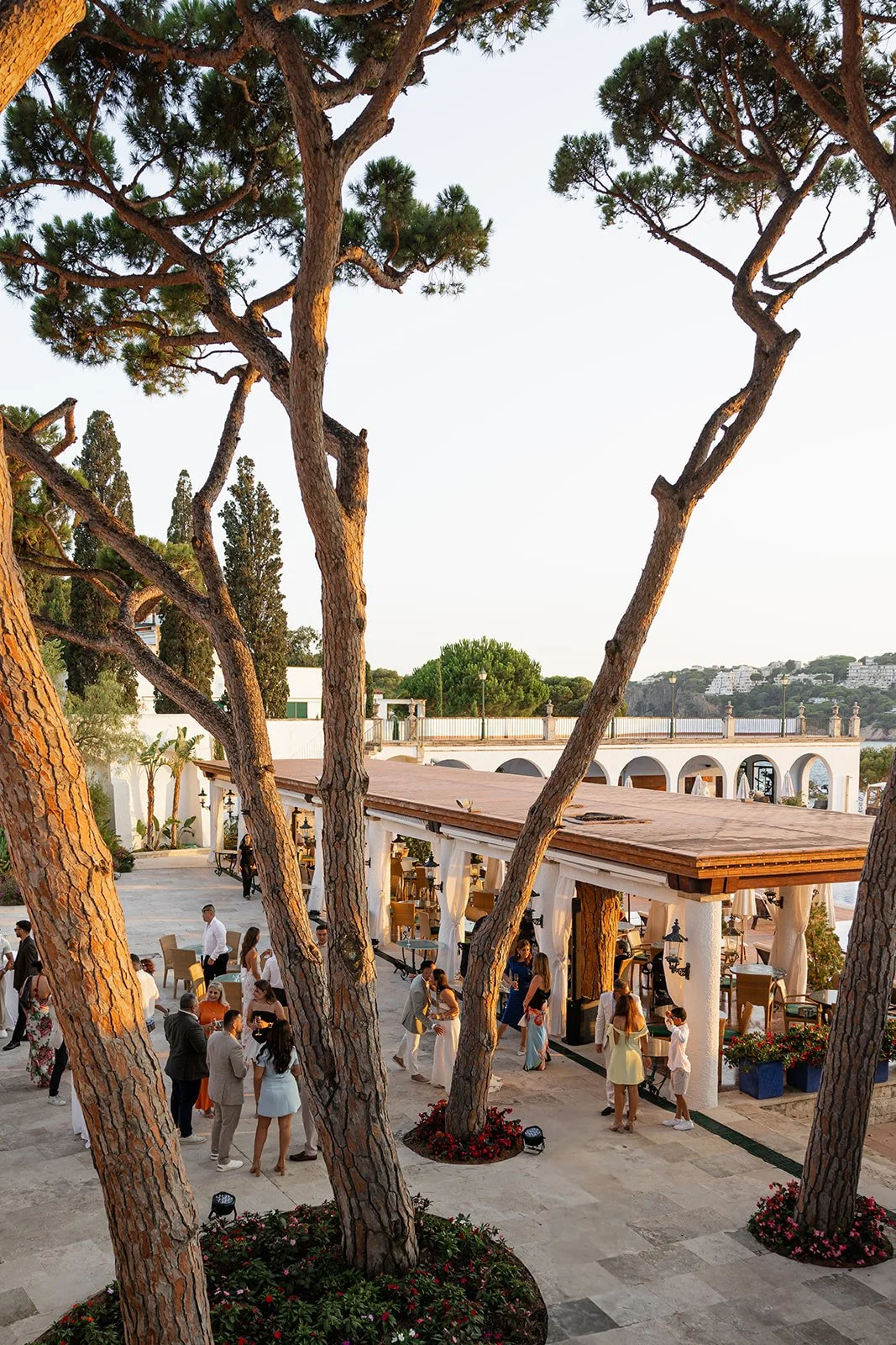 People gathered at an outdoor event or celebration near white buildings with a scenic view of hills and water in the background, surrounded by tall trees and decorative plants.