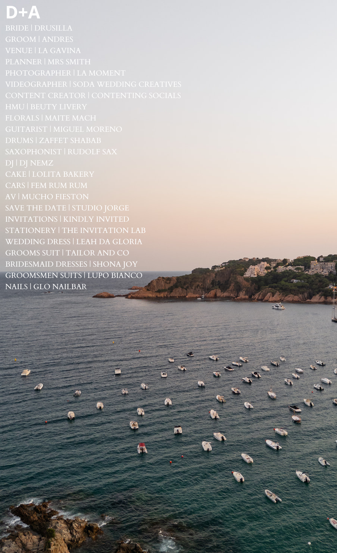 A coastal scene at sunset with boats docked in the water and greenery on the hillside. Overlaid on the image is a wedding planning checklist in white text.