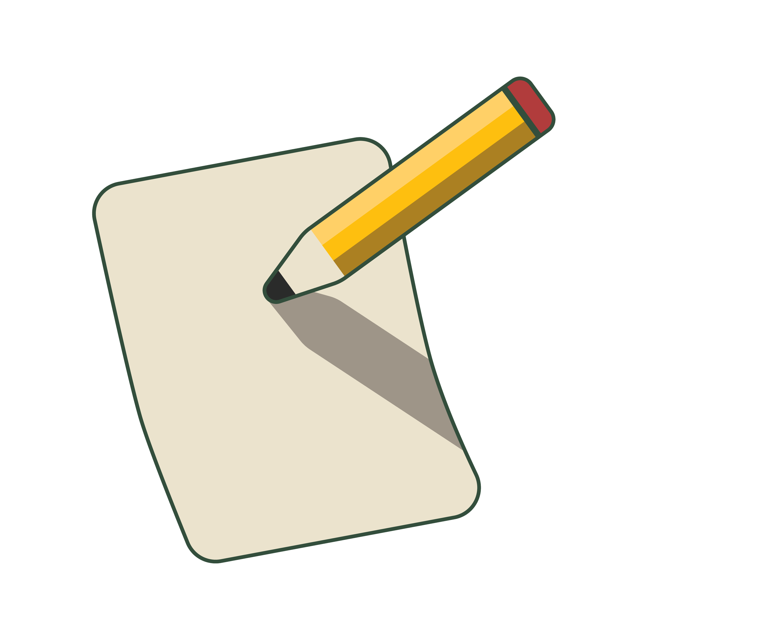 A cartoon image of a hand holding a yellow pencil, writing on a blank sheet of paper.