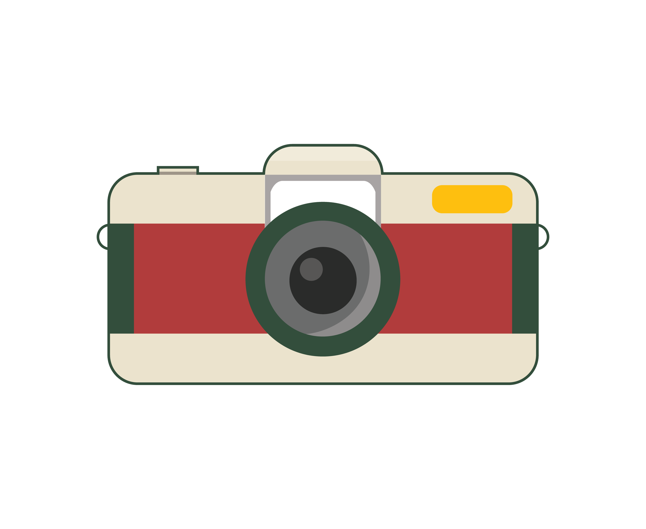 A minimalist illustration of a vintage camera with a beige body, red bottom, and a large black lens.