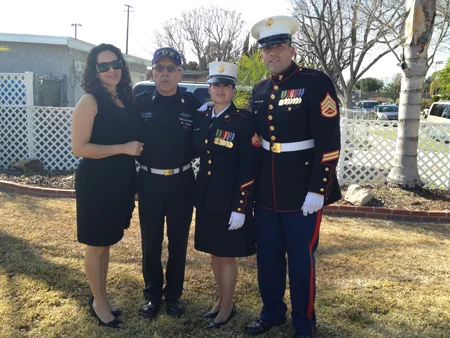 From left to right: Julia Pascual (sister), Albert Aguirre (uncle) US Army Paratrooper Korean War Veteran, Sargent Beatrice E. Maleno Gaeta (USMC) and (COSD HHSA) and Staff Sargent Jorge Maleno Huerta (brother) (USMC) and (County of San Diego Sheriff).