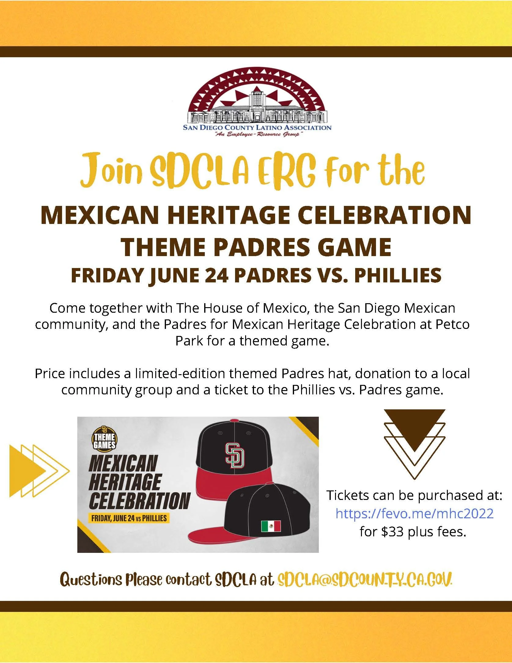 flyer for event with image of themed-baseball hat