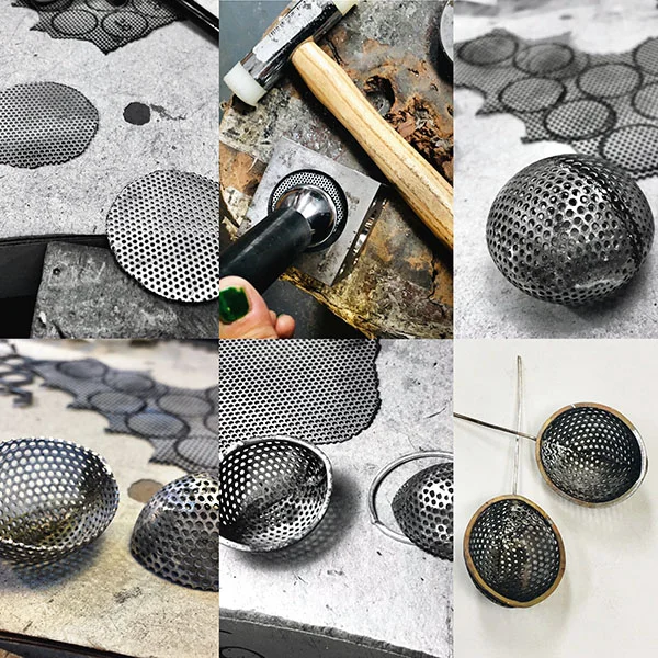 Process of making perforated mild steel oval earrings with silver rim.