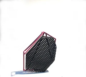 Pink skeleton structure with black perforation structure. Brooch.