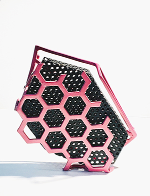 pink and black brooch, mild steel, silver and brass