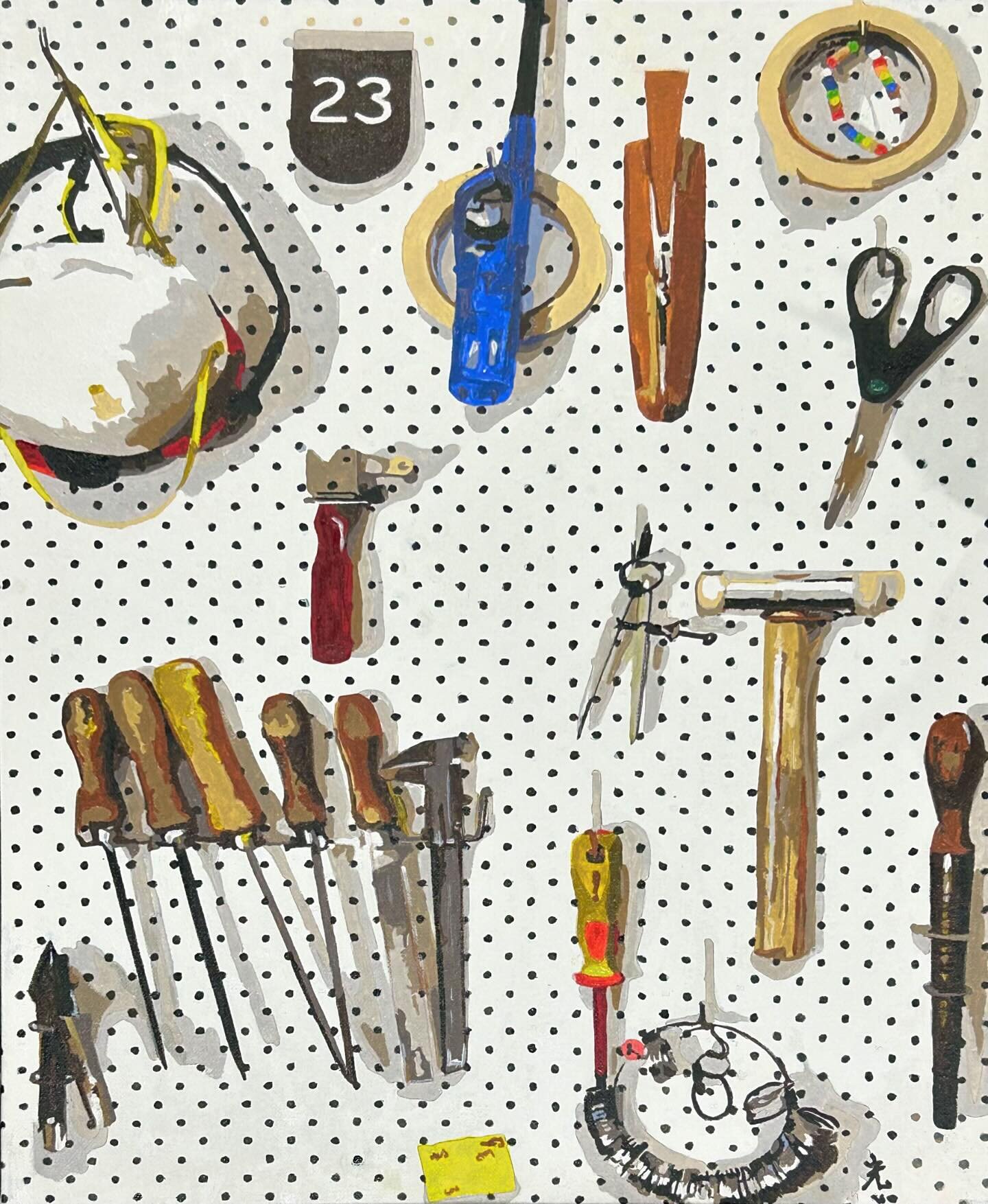 &ldquo;The Tools&rdquo; (Customized paint-by-numbers acrylic paint and watercolor pencils on canvas). These are my tools displayed on the pegboard in my home studio. While it may resemble an ordinary pegboard one might find in a jeweller&rsquo;s work