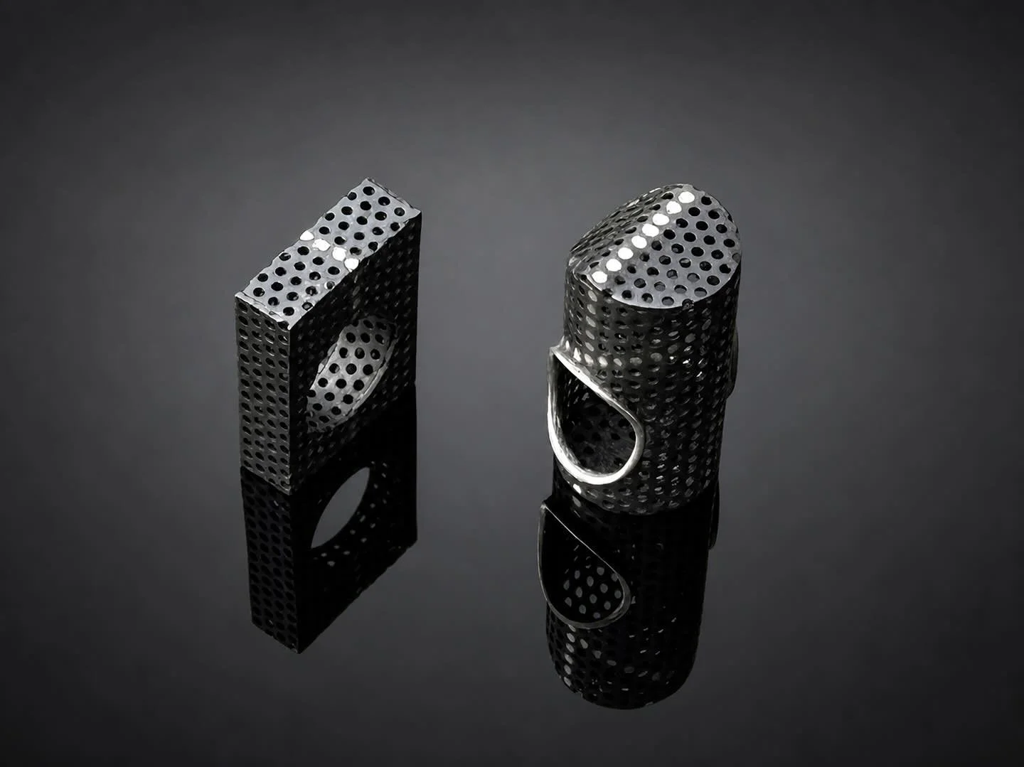 &ldquo;Latent lines&rdquo; new series of rings. Heated black mild steel and silver inlay.

Geometry held within a perforated field&mdash; 
silver inlays trace paths that are already there, waiting to be found. 

Each ring becomes a way of navigating 