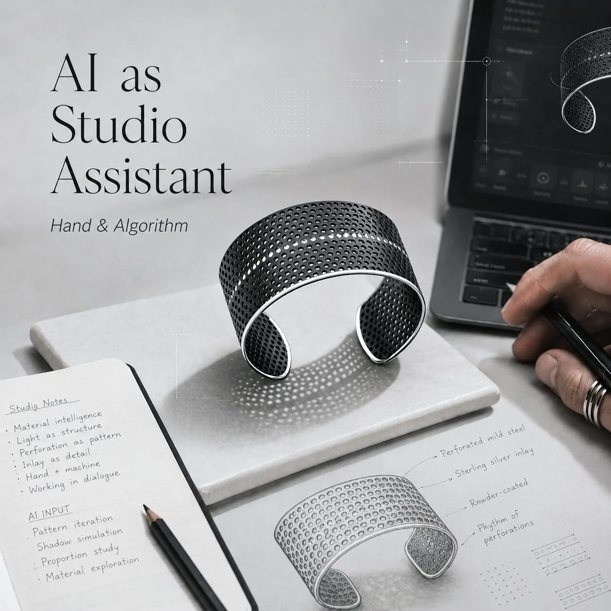 What does &ldquo;AI as a studio assistant&rdquo; actually mean for a jewellery artist?

For me, it does not mean asking AI to make jewellery.

It means using AI to support the wider practice around making: proofreading my English, editing and creatin