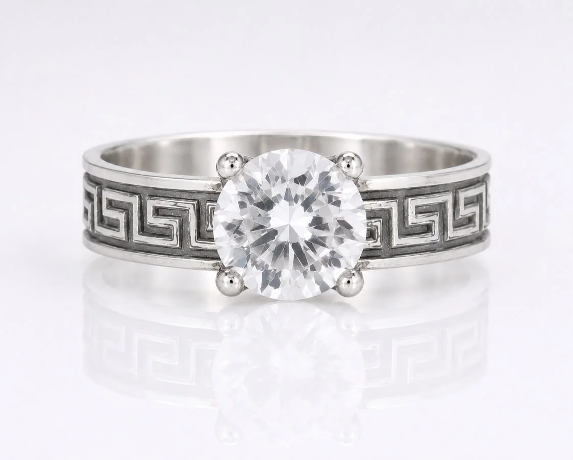 1 ring a week for my Hand &amp; Algorithm project and the upcoming The Big Design Market.

Once again, I started with embossed silver wire featuring a Greek key pattern, paired with an 8 mm natural white topaz in silver.

Out of the three rings I&rsq