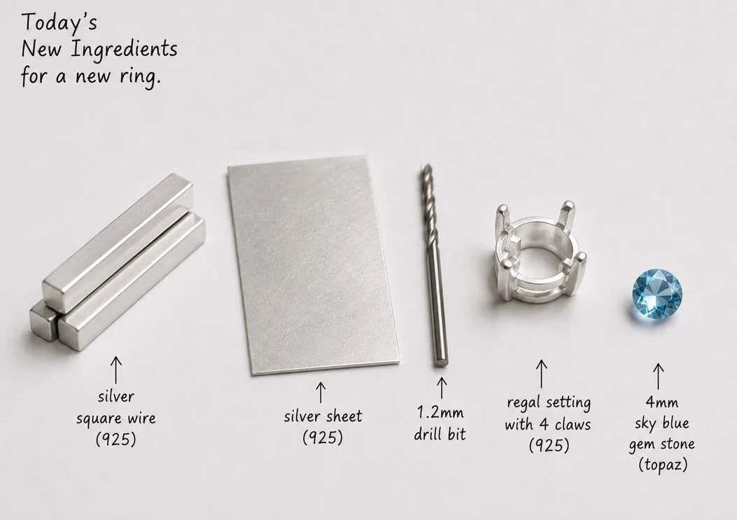 Today&rsquo;s ingredients for a new ring 💎🔨

A little like cooking &mdash; but at my jewellery bench.

For this one, I started with:

&bull; sterling silver square wire
&bull; sterling silver sheet
&bull; 1.2mm drill bit
&bull; sterling silver 4-cl