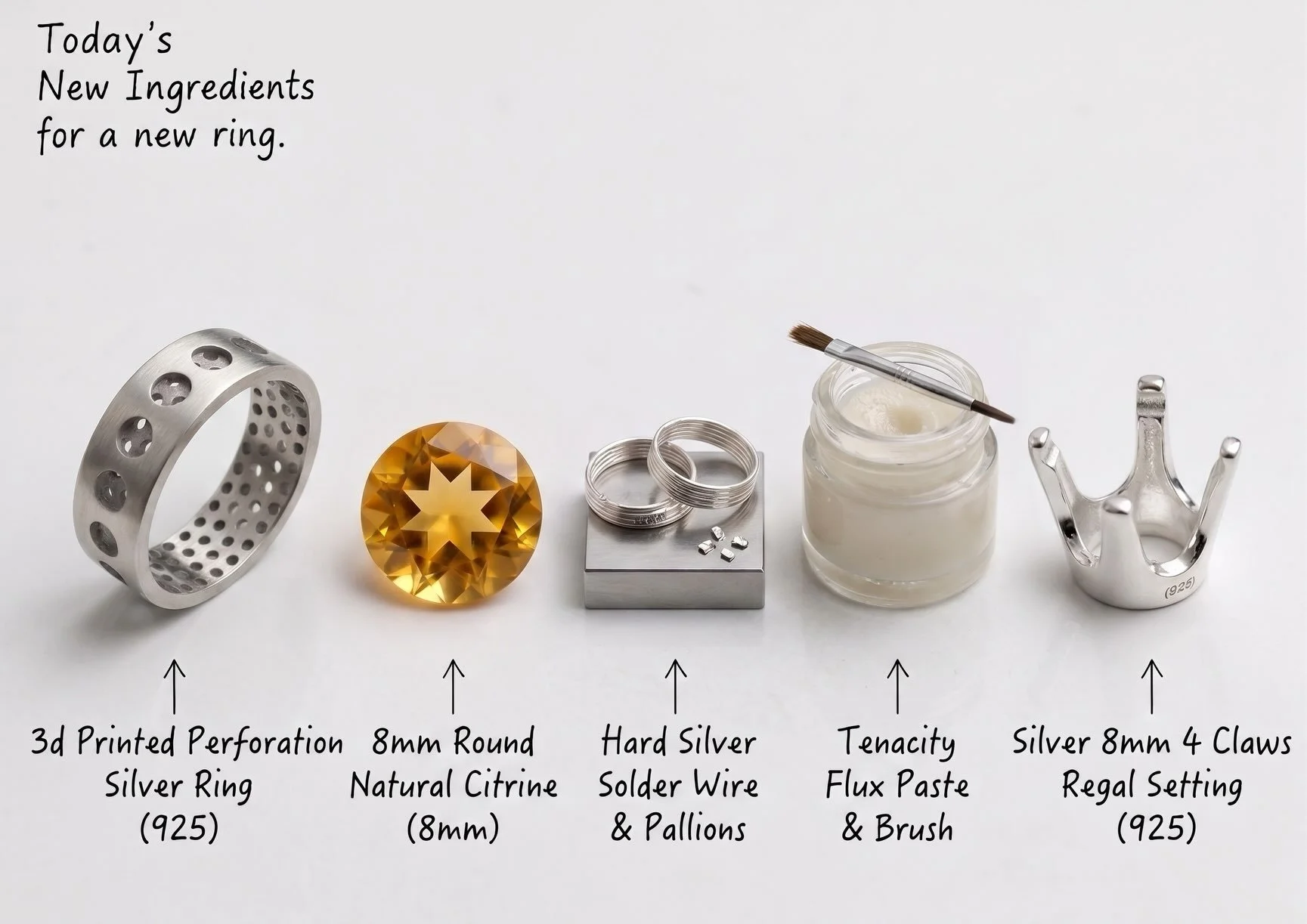 Today&rsquo;s recipe: Citrine Ring 💛

Starting with just three ingredients:

✨ 8mm natural round Citrine
🔨 8mm sterling silver 4-claw regal setting
⚪ 3D-printed perforated sterling silver ring

I&rsquo;ve had this perforated ring design for quite a