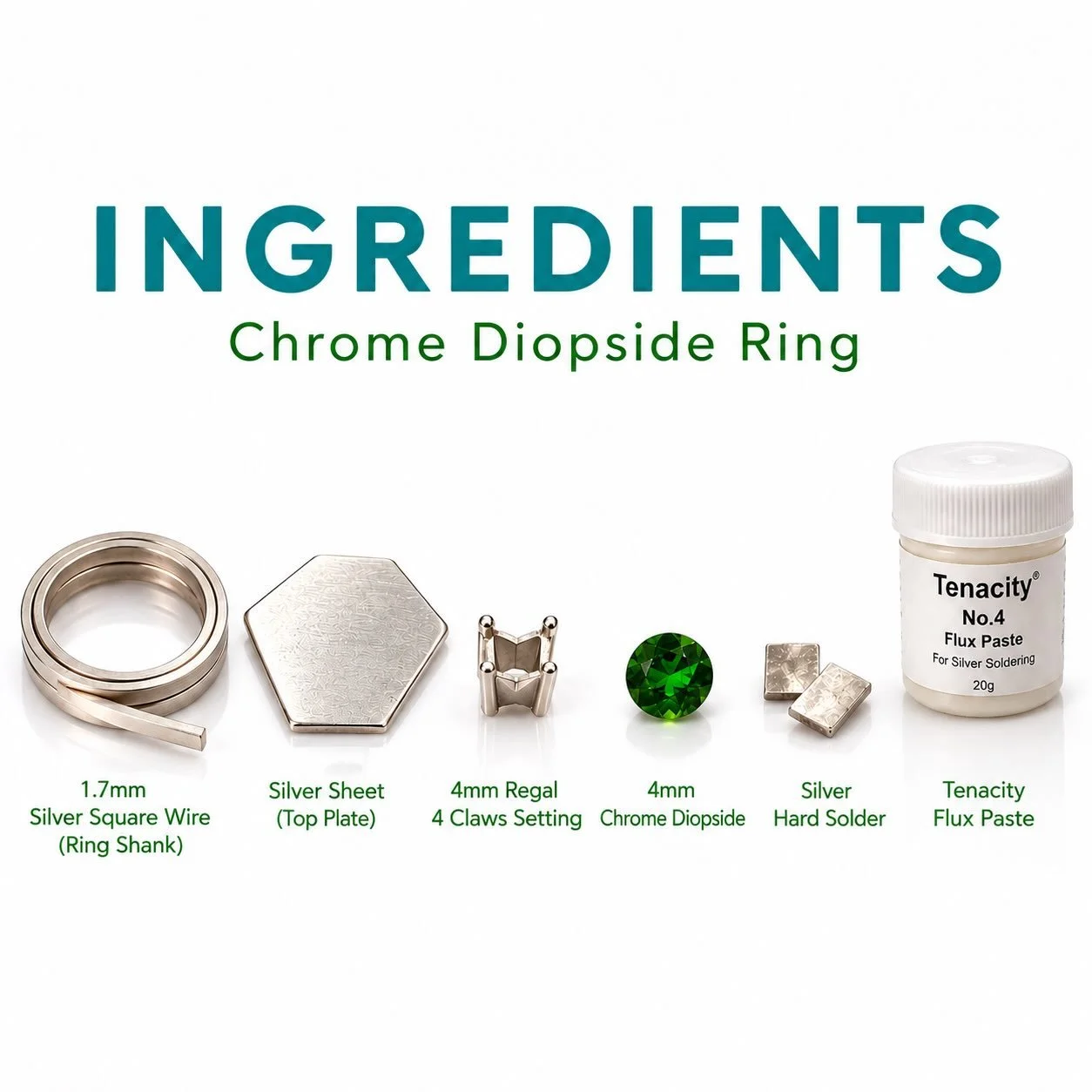From simple ingredients to a small piece of architecture. 💚

1.7 mm sterling silver square wire.
Sterling silver sheet.
A 4 mm natural Chrome Diopside.
A four-claw setting.
Silver solder + flux.

Then: cut, form, solder, set, finish.

The vivid gree