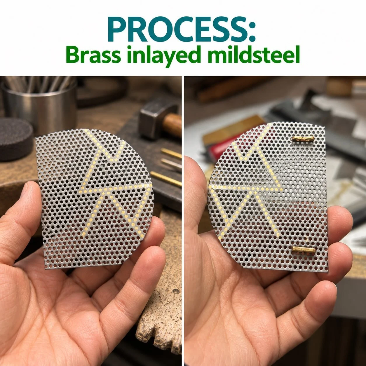 PROCESS: Brass inlaid mild steel

A wall begins with a surface.

For Poetry of the Wall, I&rsquo;m inlaying brass directly into perforated mild steel &mdash; filling selected holes one by one to draw lines across the surface.

After sandblasting, the