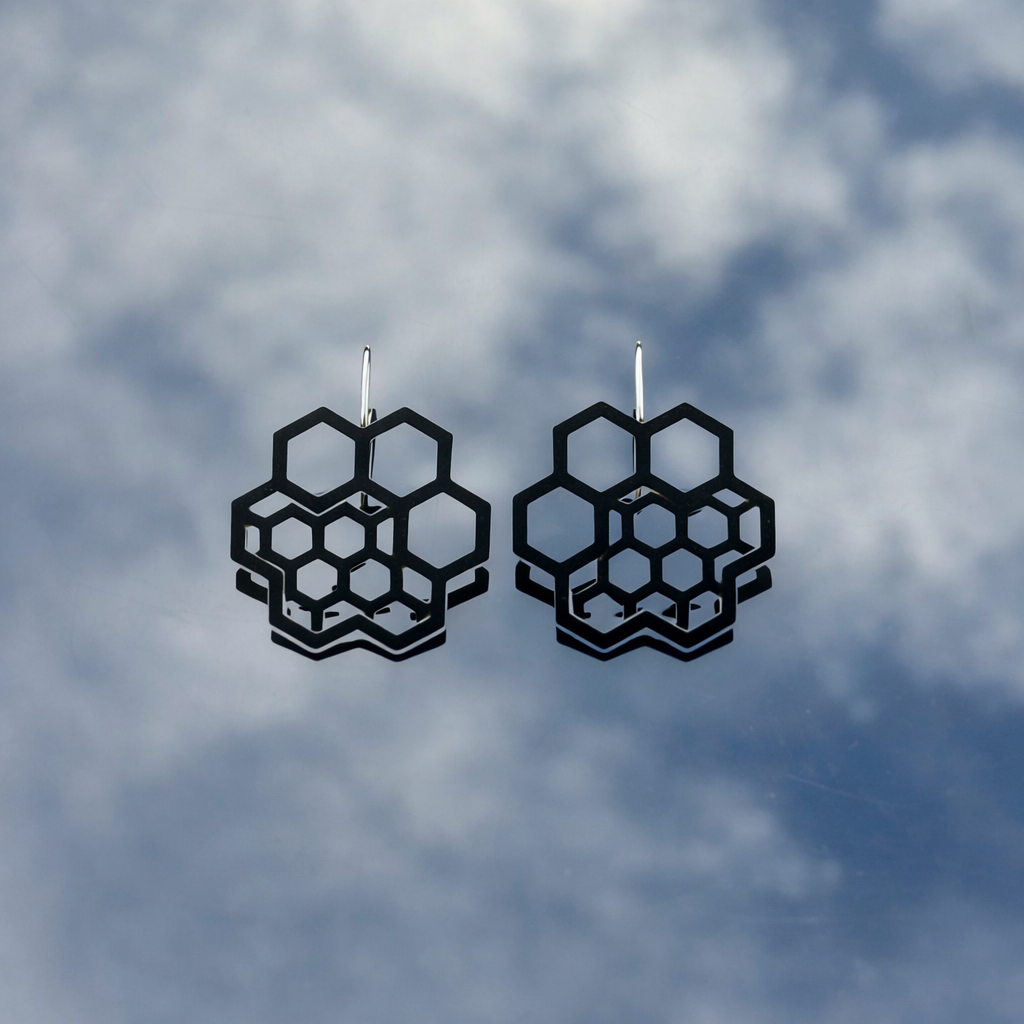 Black honeycomb earrings with cloudy sky reflection.png