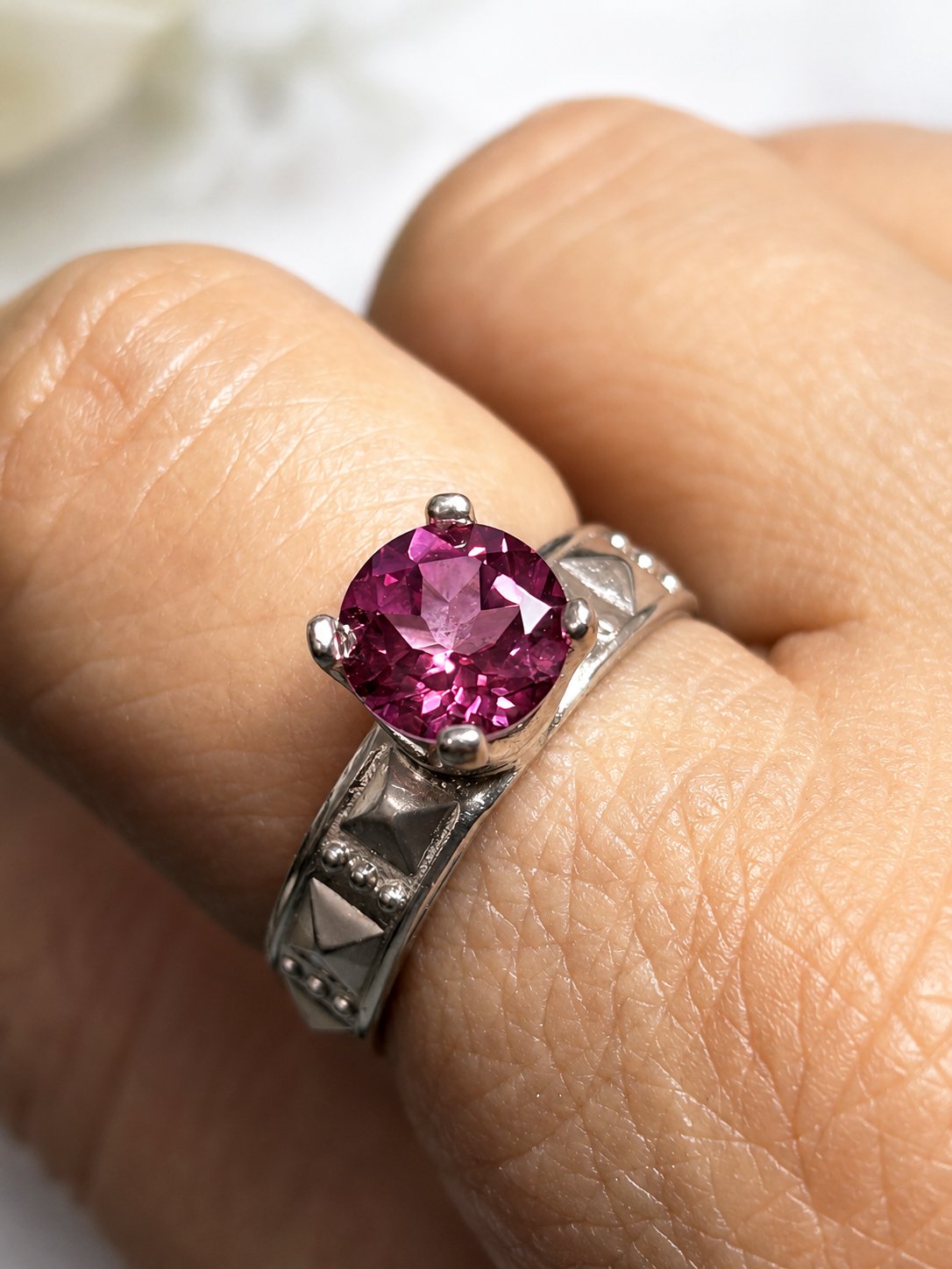 Pink Topaz Embossed Sterling Silver Ring