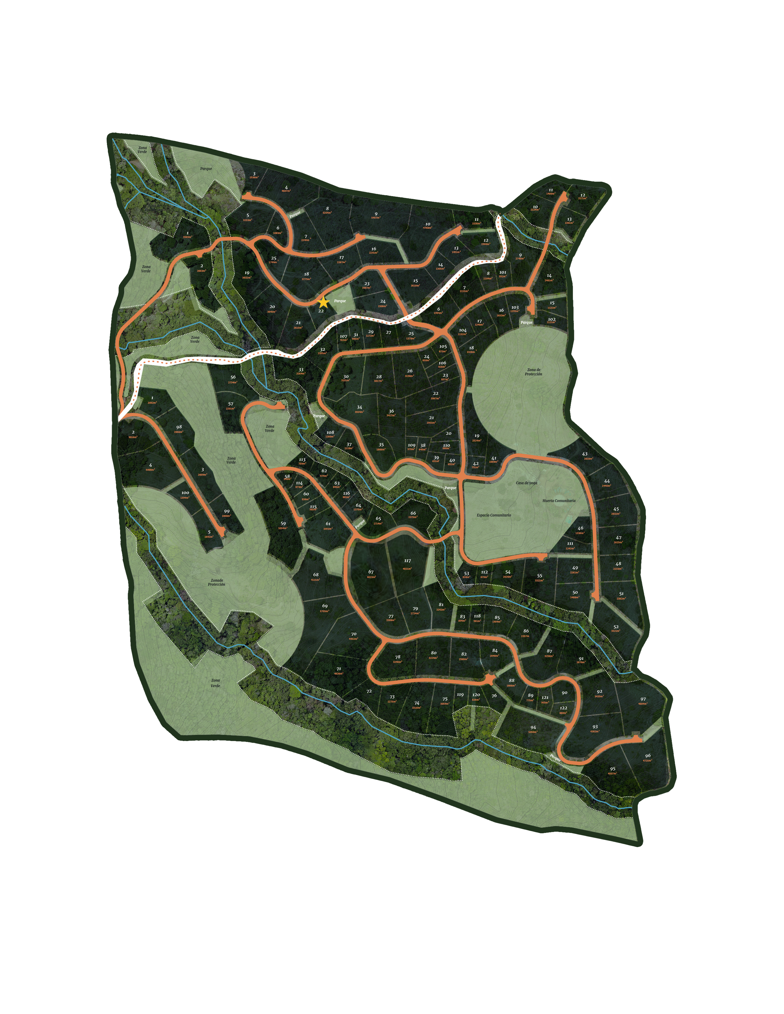 Detailed neighborhood map showing roads, green areas, streams, and lots numbered within a large residential area.