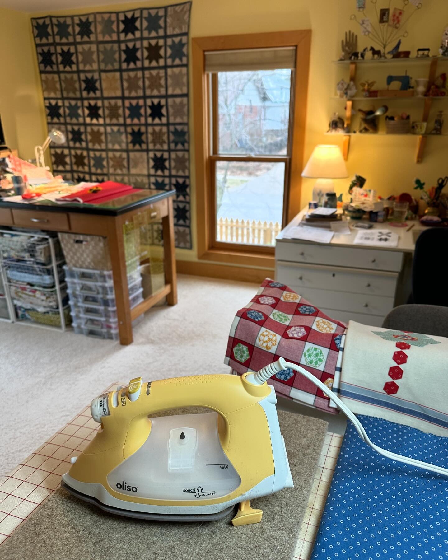 #igquiltfestday4 How do I keep myself in shape to quilt? I keep my iron across the room from my sewing and cutting tables. I make myself get up, rather than station a little iron and table next to me. I'll admit sometimes I grumble because I'm a big 