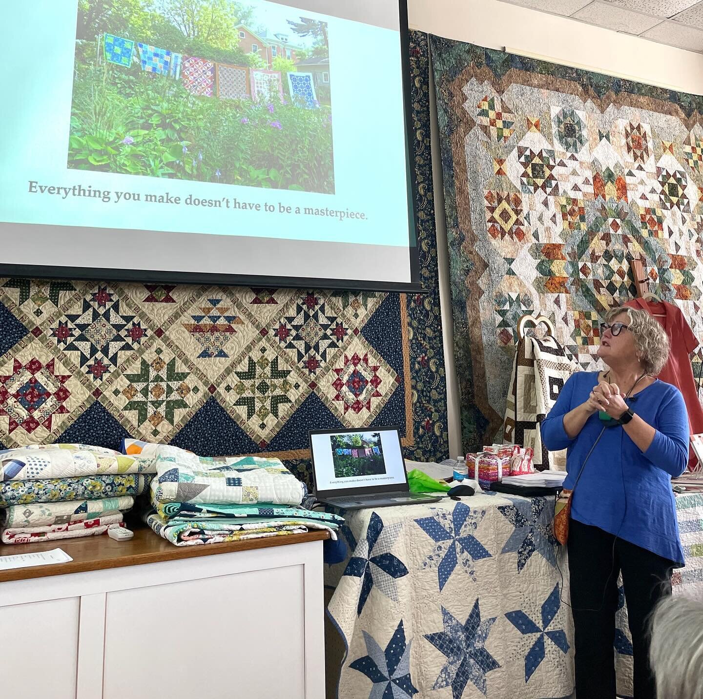 More Kansas quilt-shop fun. Was delighted to speak at @prairiepointquiltandfabricshop on Saturday. A gorgeous store chock full of fabric, patterns, and notions, and what a great event-the Sew Fun Day included demos, show-and-tell, a fashion show, and