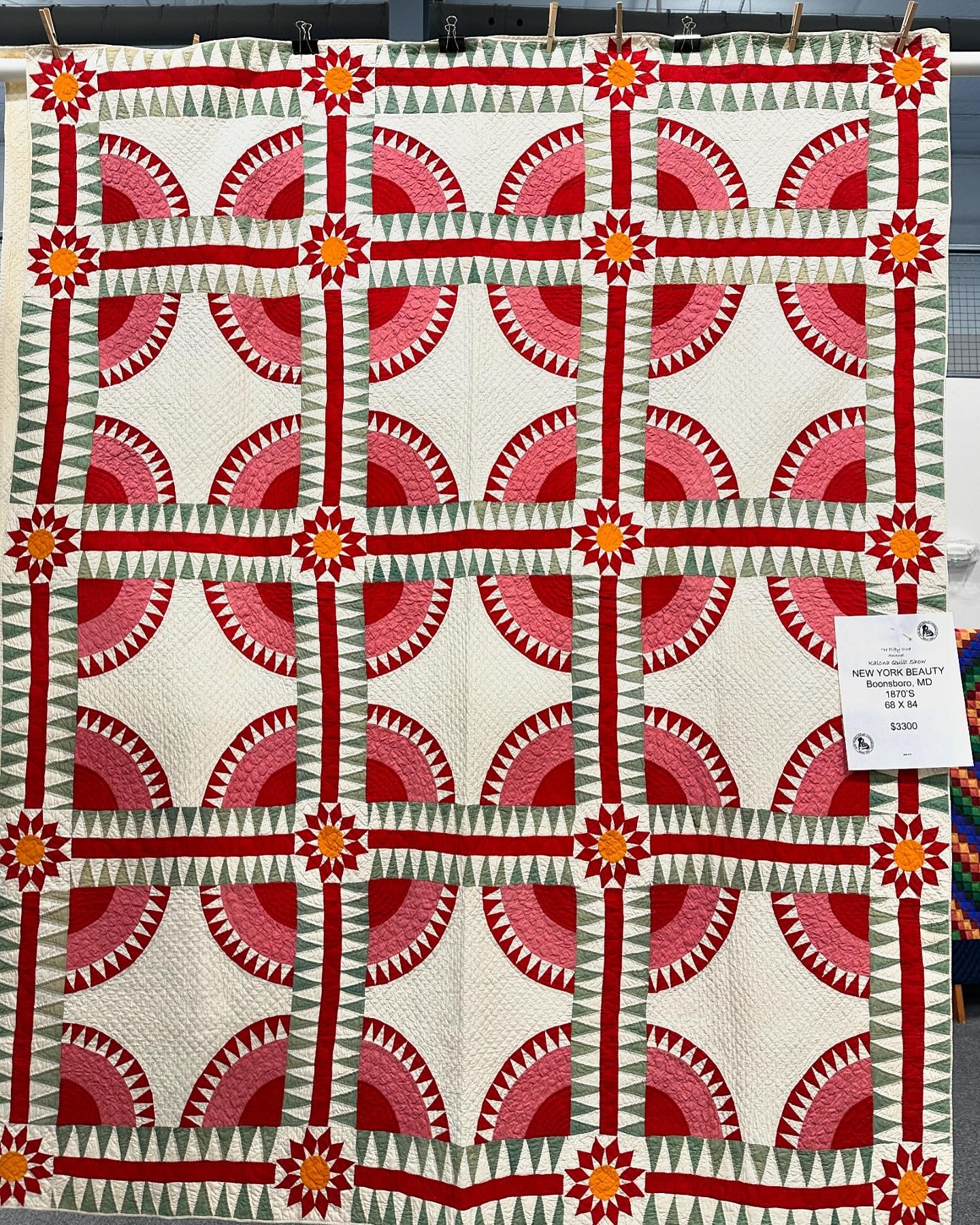 I neglected to post these beauties from the Kalona Quilt Show at the end of April. Some real jaw-droppers! #kalonaquiltshow #quiltsale #quilts #vintagequilts #vintage #appliqu&eacute; #piecing #flyinggeese #newyorkbeauty #whigrose #doubleweddingringq