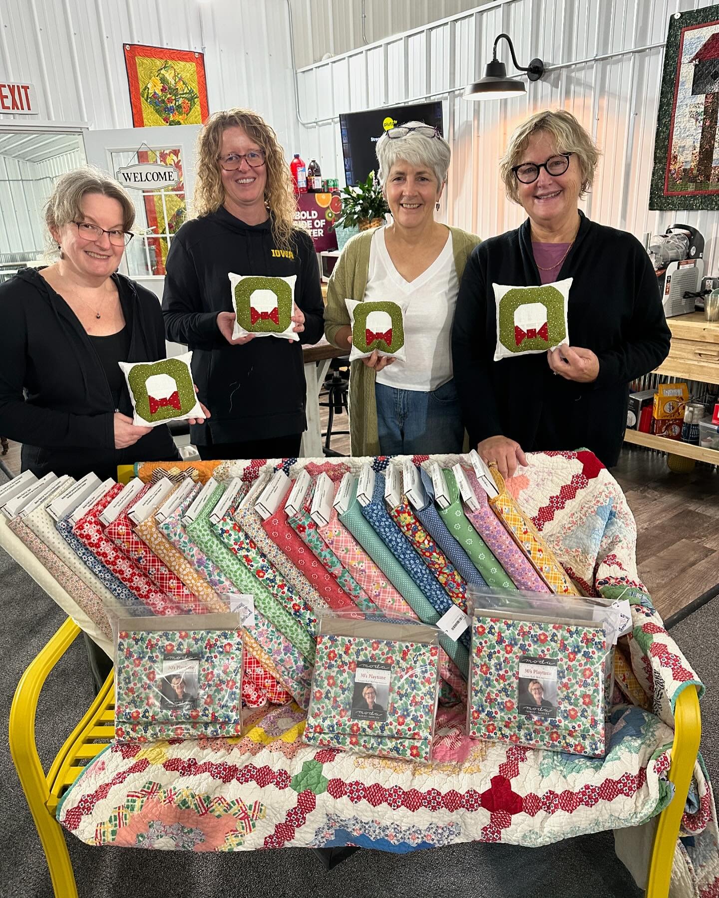 An afternoon at @prairiequiltstudio - a lovely new shop in Urbana, IA. @sondra.chasing.cues organized the outing, where we stitched sweet little wreath pillows. Love getting together with these dear friends (former work colleagues) and delighted to f