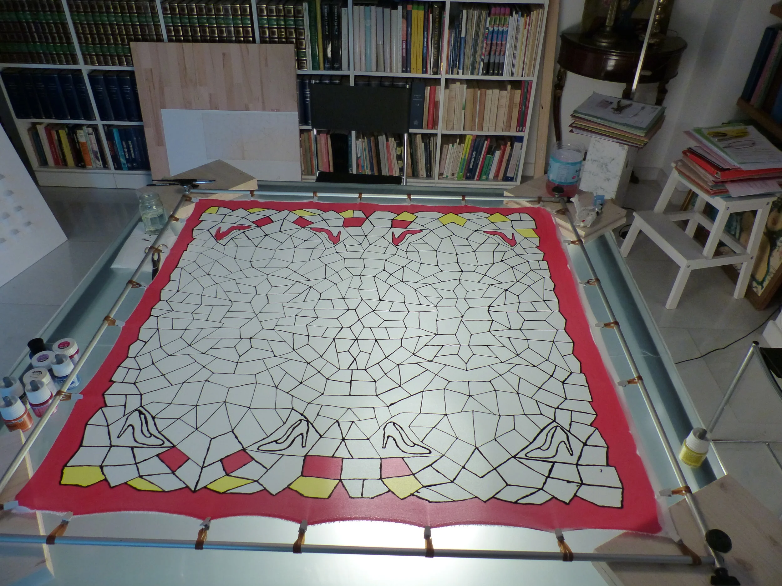 Basta, disegno con colori, su telaio