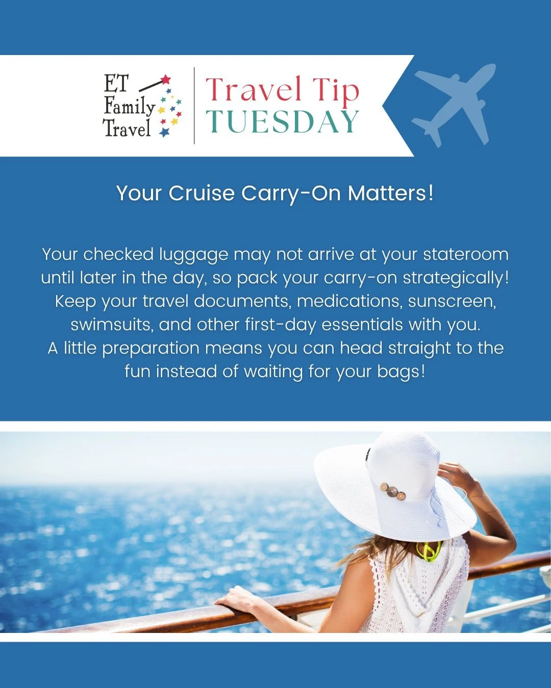 Your cruise vacation starts the moment you step onboard&hellip; don't waste it waiting for your luggage! 🚢

One of our favorite cruise tips?  Pack a carry-on with everything you need for those first few hours. Think swimsuits, sunscreen, medications