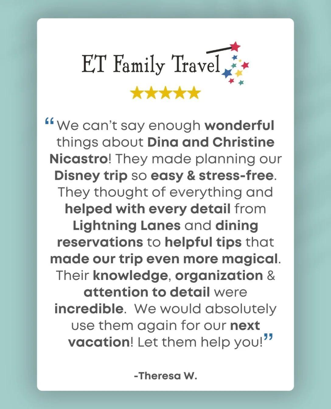 🌟 Testimonial Tuesday | Another 5-Star Review! 🌟
A little extra Disney magic, thanks to an incredible mother-daughter team! ✨

This week, we&rsquo;re celebrating ET Family Travel advisors Dina &amp; Christine Nicastro, whose clients recently return