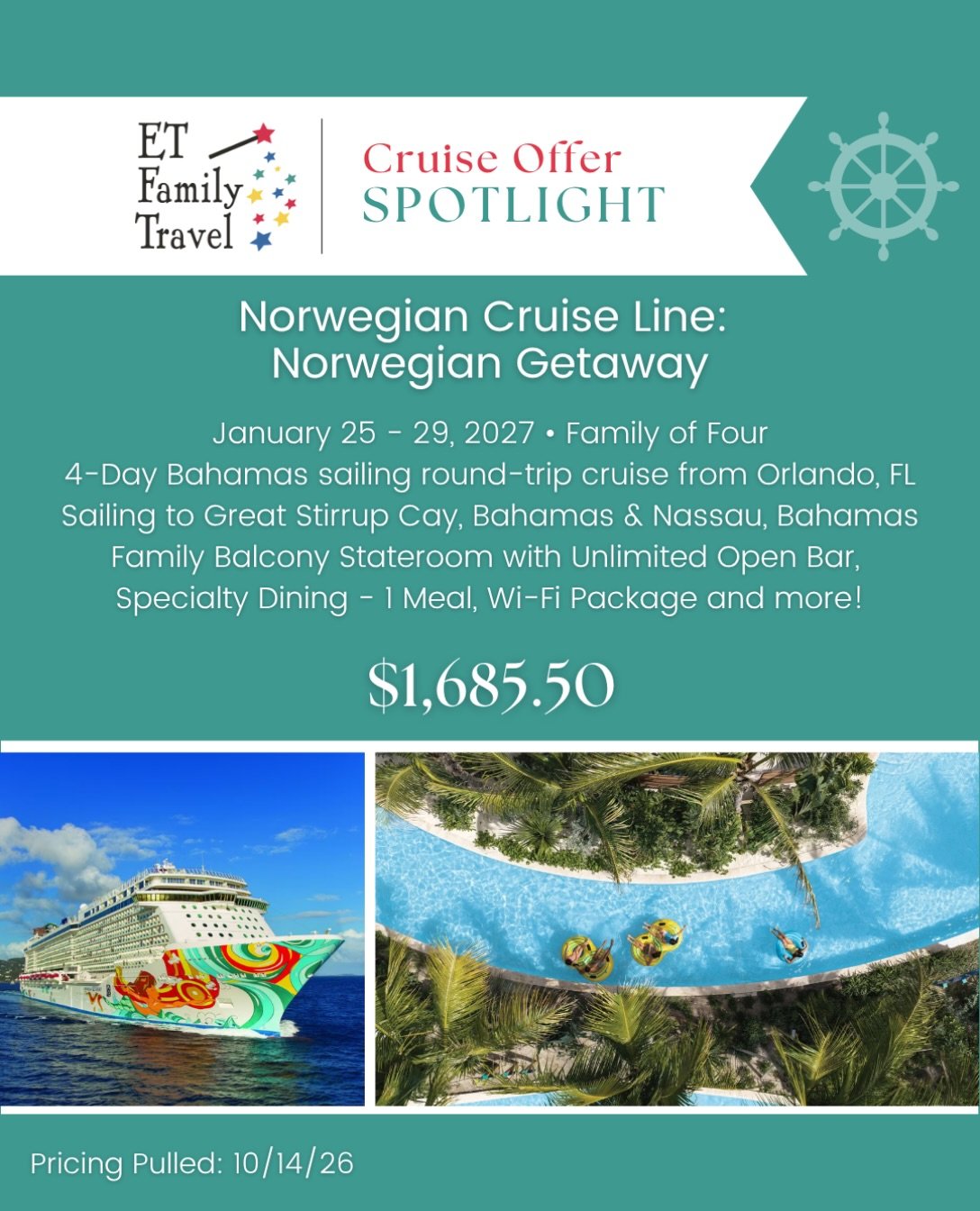 ❄️ Cold weather is rolling in&hellip; and the cruise deals are heating UP! 🔥🚢

A family of FOUR cruising to the Bahamas in a BALCONY stateroom for just $1,685.50 TOTAL?! 🌴

🚢 Norwegian Getaway | January 25&ndash;29, 2027
📍 Roundtrip from Port Ca