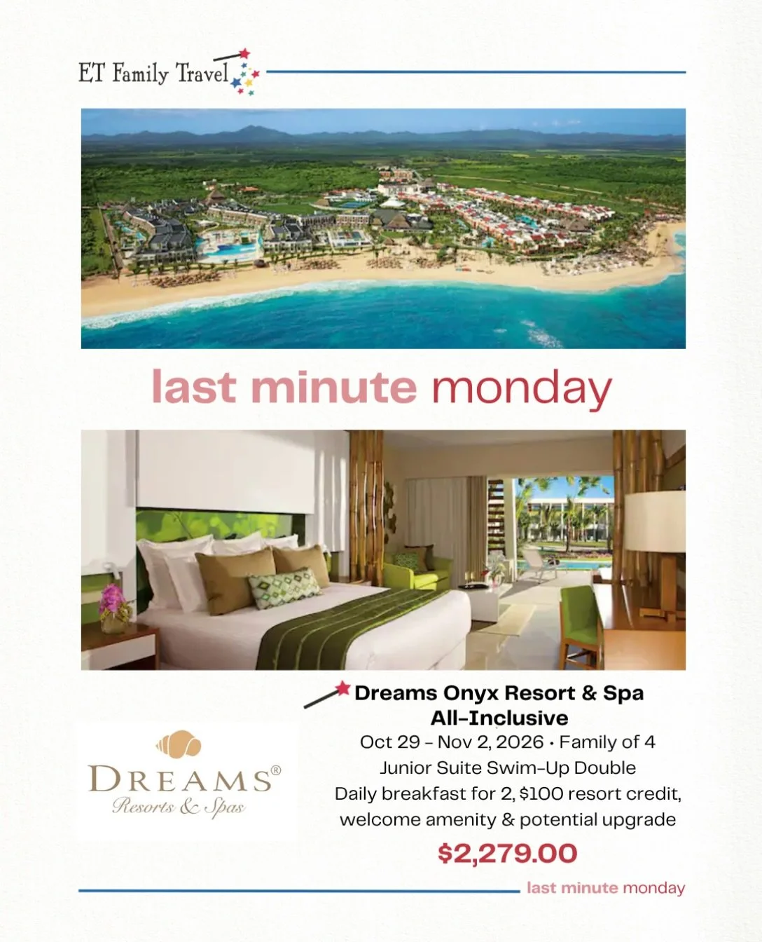 🌴☀️ LAST-MINUTE MONDAY DEAL! ✈️🍹
Ready for a last-minute escape to paradise? 🌊 Dreams Onyx Resort &amp; Spa in the Dominican Republic is calling! 🇩🇴

Beautiful beaches, incredible dining, refreshing cocktails, and tropical vibes are waiting!

✨&