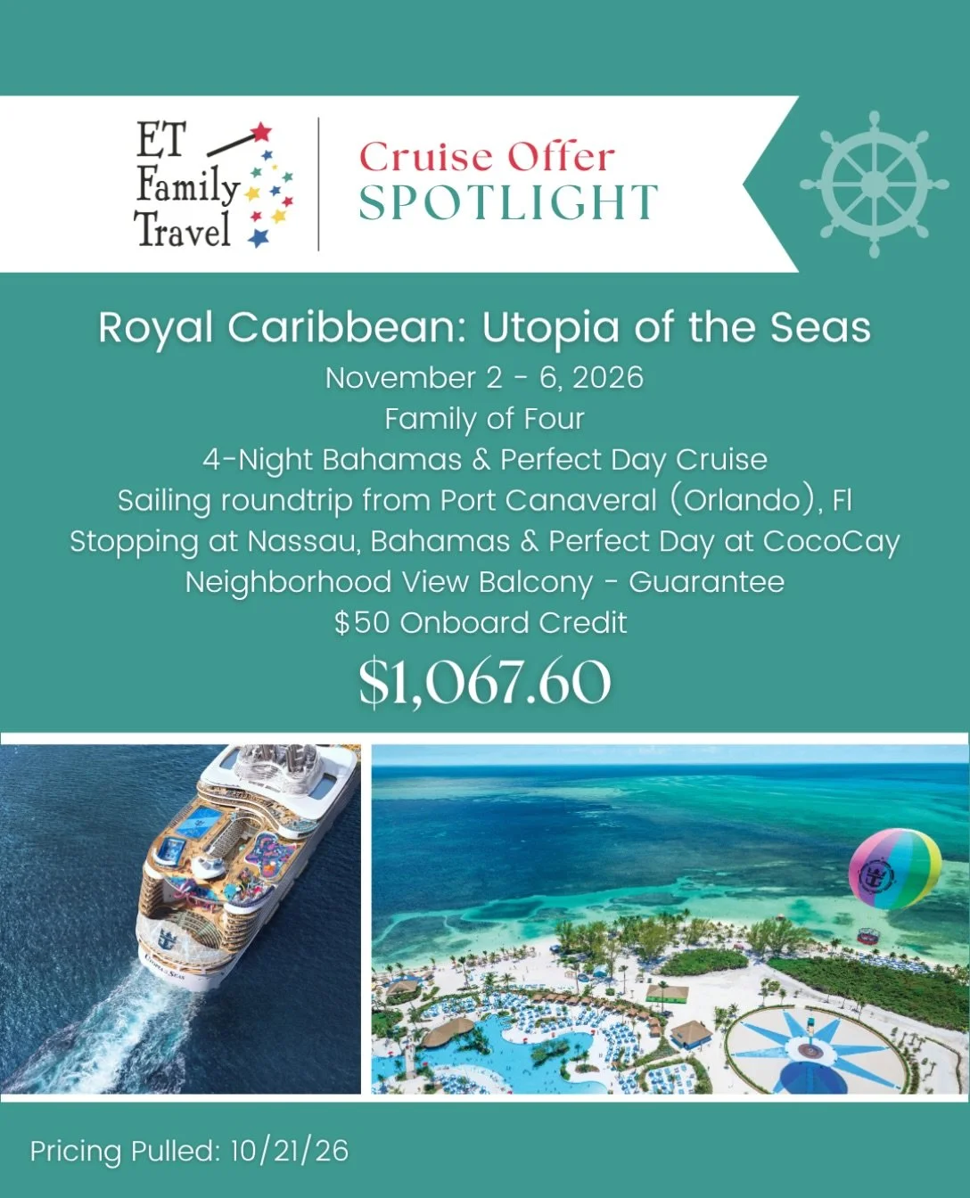 🚨 JERSEY WEEK DEAL ALERT! A family of FOUR sailing on Royal Caribbean&rsquo;s Utopia of the Seas for just $1,067.60 TOTAL?! 🤯🚢

📅 November 2&ndash;6, 2026
🚢 Roundtrip Port Canaveral, FL
🏝️ Nassau &amp; Perfect Day at CocoCay
🛏️ Neighborhood Ba