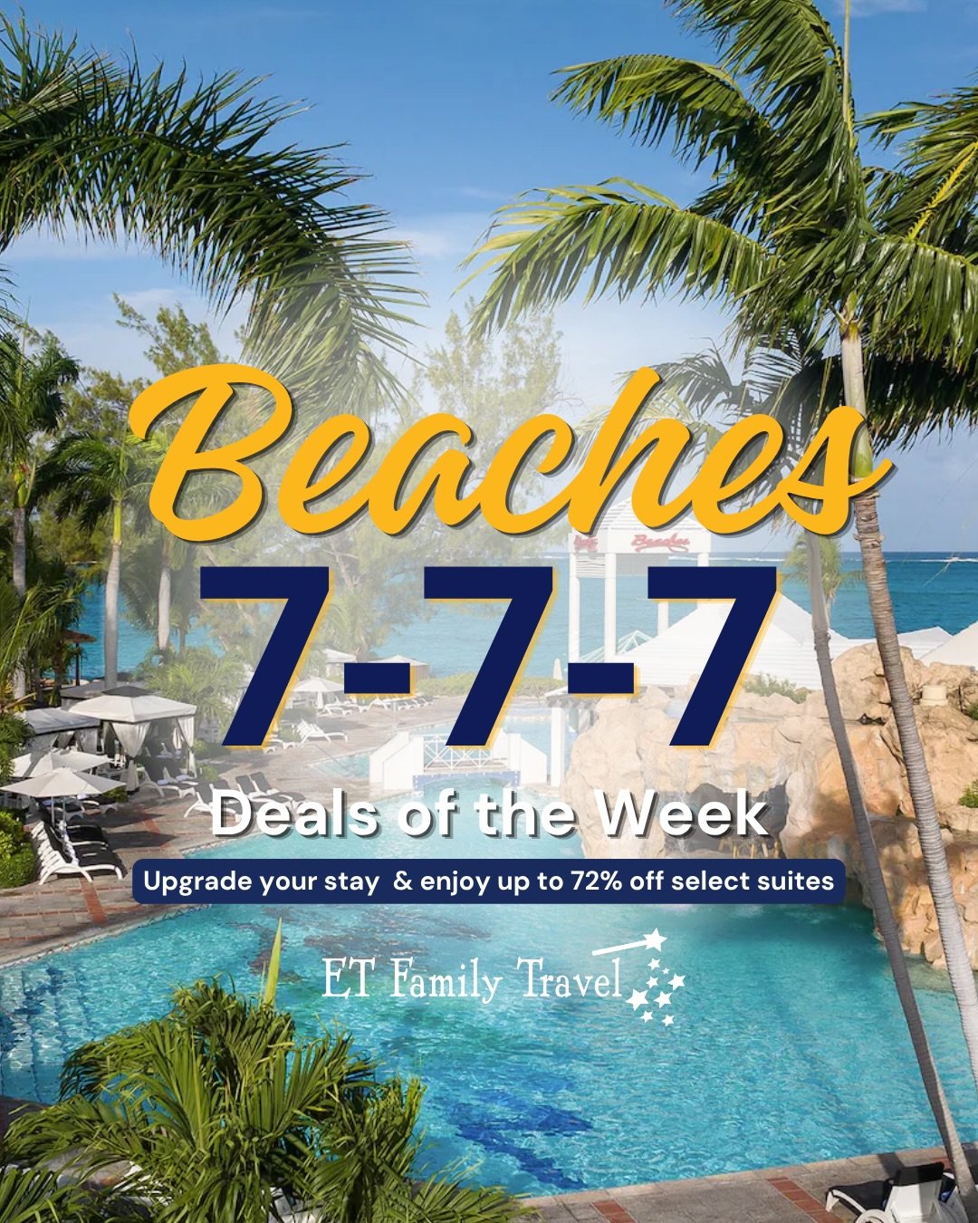 🌴BEACHES 777 DEALS ARE LIVE - BUT ONLY UNTIL OCTOBER 27! 🌴

Ready to give your next family vacation an upgrade? 🏝️ From couples&rsquo; getaways to big multigenerational adventures, these limited-time deals can help you upgrade your stay to a spaci