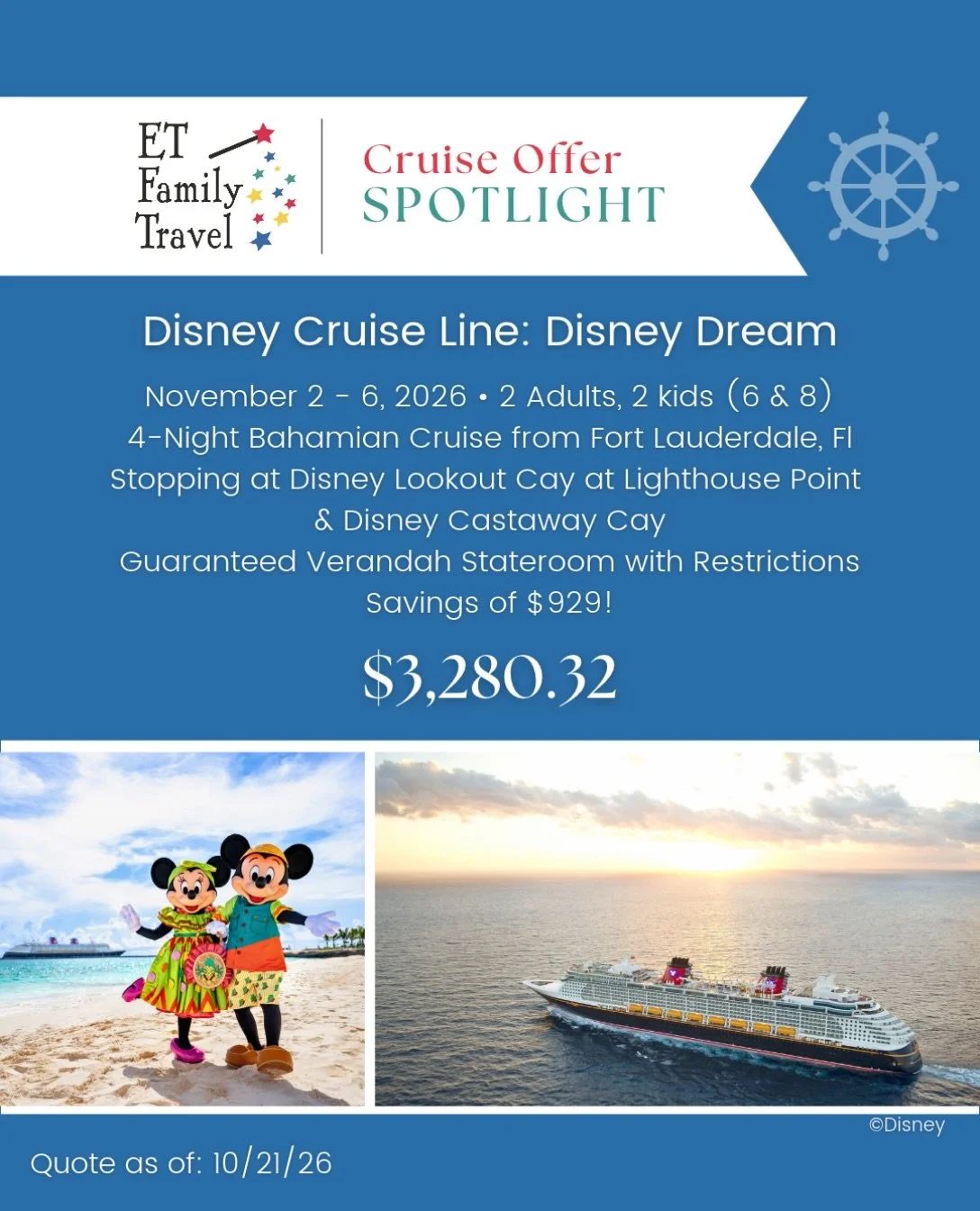 🚨 LAST-MINUTE DISNEY CRUISE DEAL! SAVE $929! 🚨

Two Disney private islands, one incredible price, and NO expensive excursions needed! 🏝️

🚢 Disney Dream | November 2&ndash;6, 2026
📍 Roundtrip from Fort Lauderdale
🏝️ Disney Castaway Cay + Disney