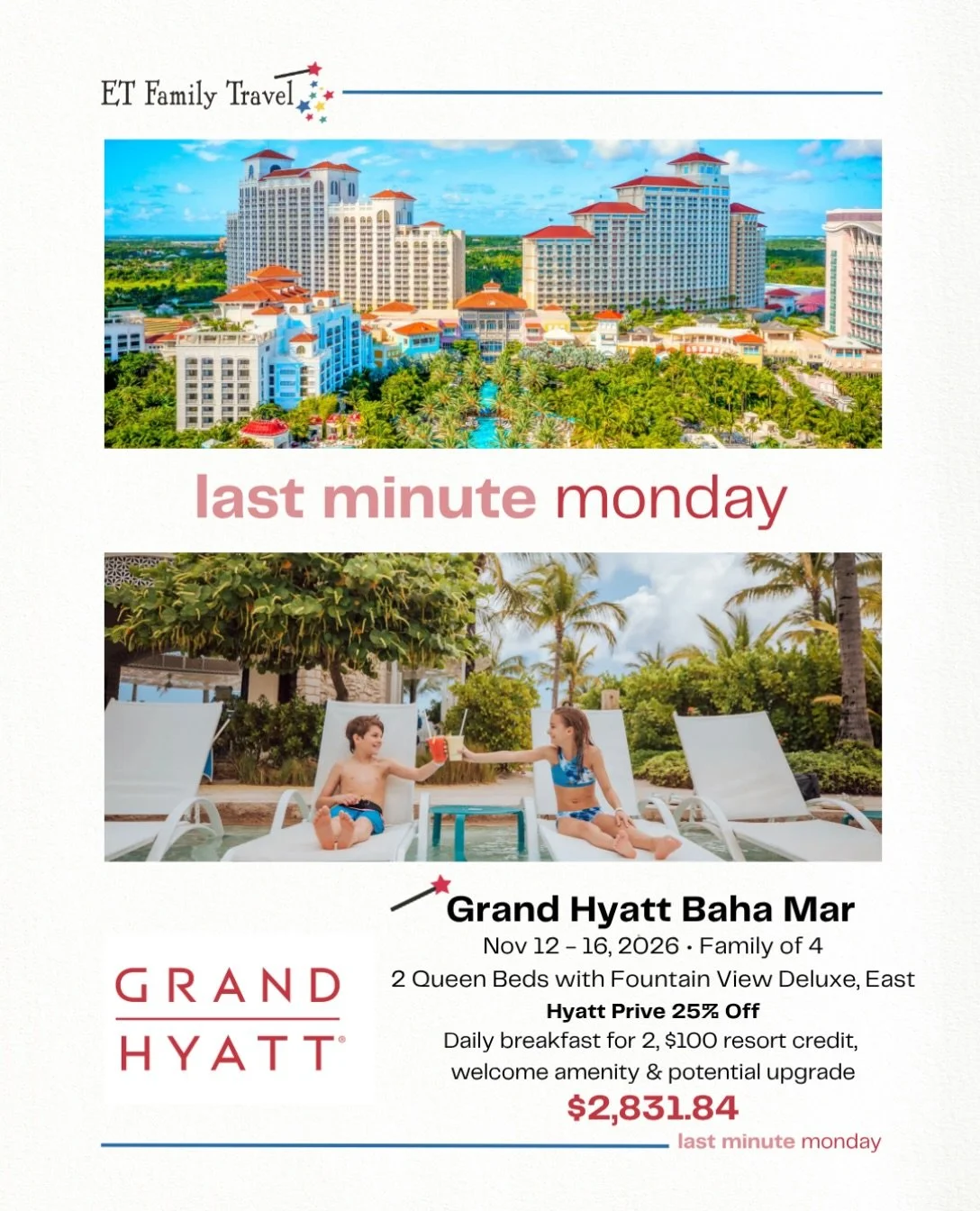🌴✨ LAST-MINUTE MONDAY: BAHAMAS EDITION! ✨🌴

Last-minute plans, Bahamian sunshine, and Hyatt Priv&eacute; perks? Yes, please! A family of 4 could be checking into the Grand Hyatt Baha Mar November 12&ndash;16, 2026, for a little island escape!🥂

He