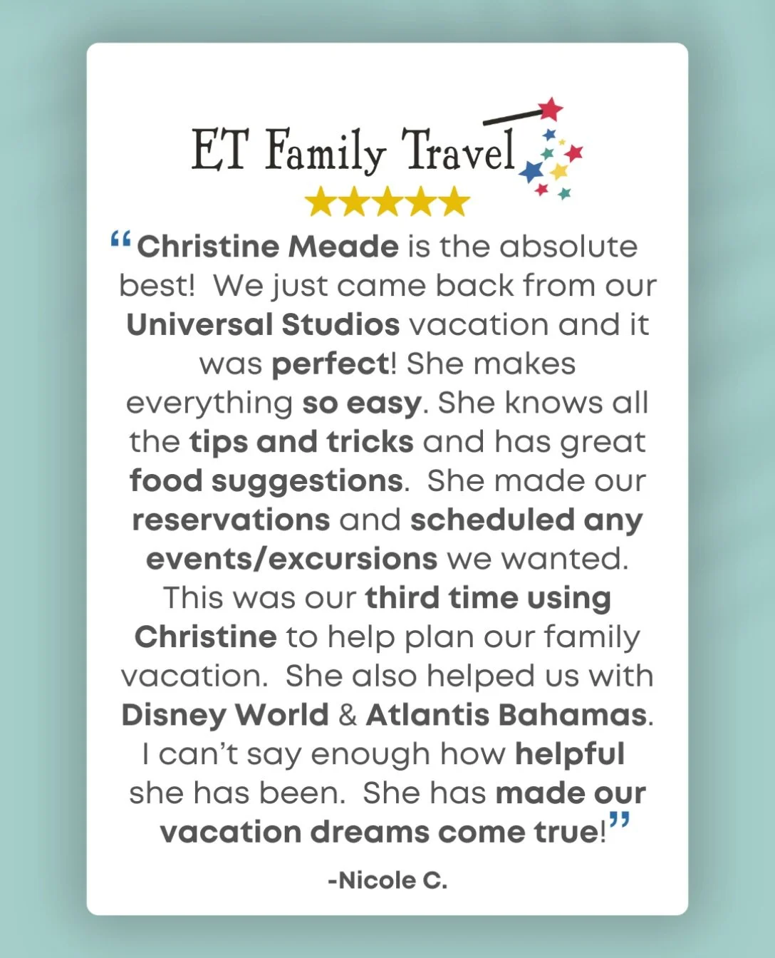 ⭐ THREE vacations. ONE trusted travel advisor. FIVE stars! ⭐

It&rsquo;s #TestimonialTuesday, and today we&rsquo;re celebrating ET Family Travel advisor @christine_thetravelagent 💙

From Atlantis, Bahamas 🌴 to Walt Disney World 🏰 and Universal Orl