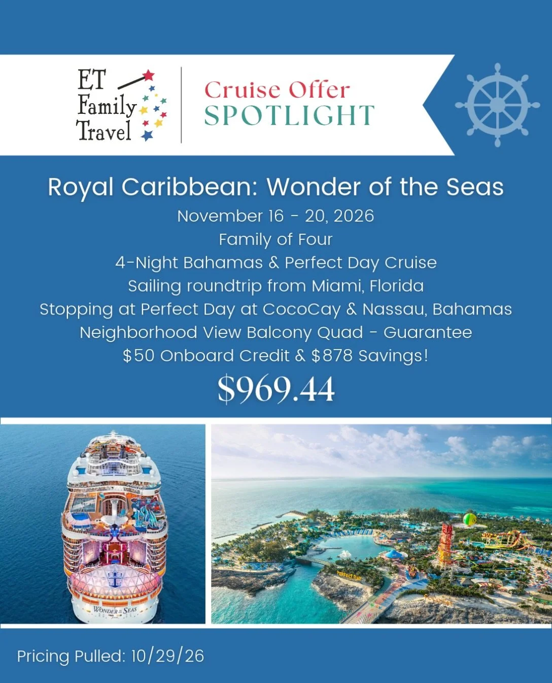 🚨 A FAMILY OF 4 CRUISE FOR UNDER $1,000?! 🚢🌴

This last-minute Royal Caribbean deal is TOO GOOD to miss! 🤯

🚢 Wonder of the Seas
📅 November 16&ndash;20, 2026
📍 Roundtrip from Miami
🏝️ Perfect Day at CocoCay + Nassau, Bahamas
🛏️ Neighborhood 