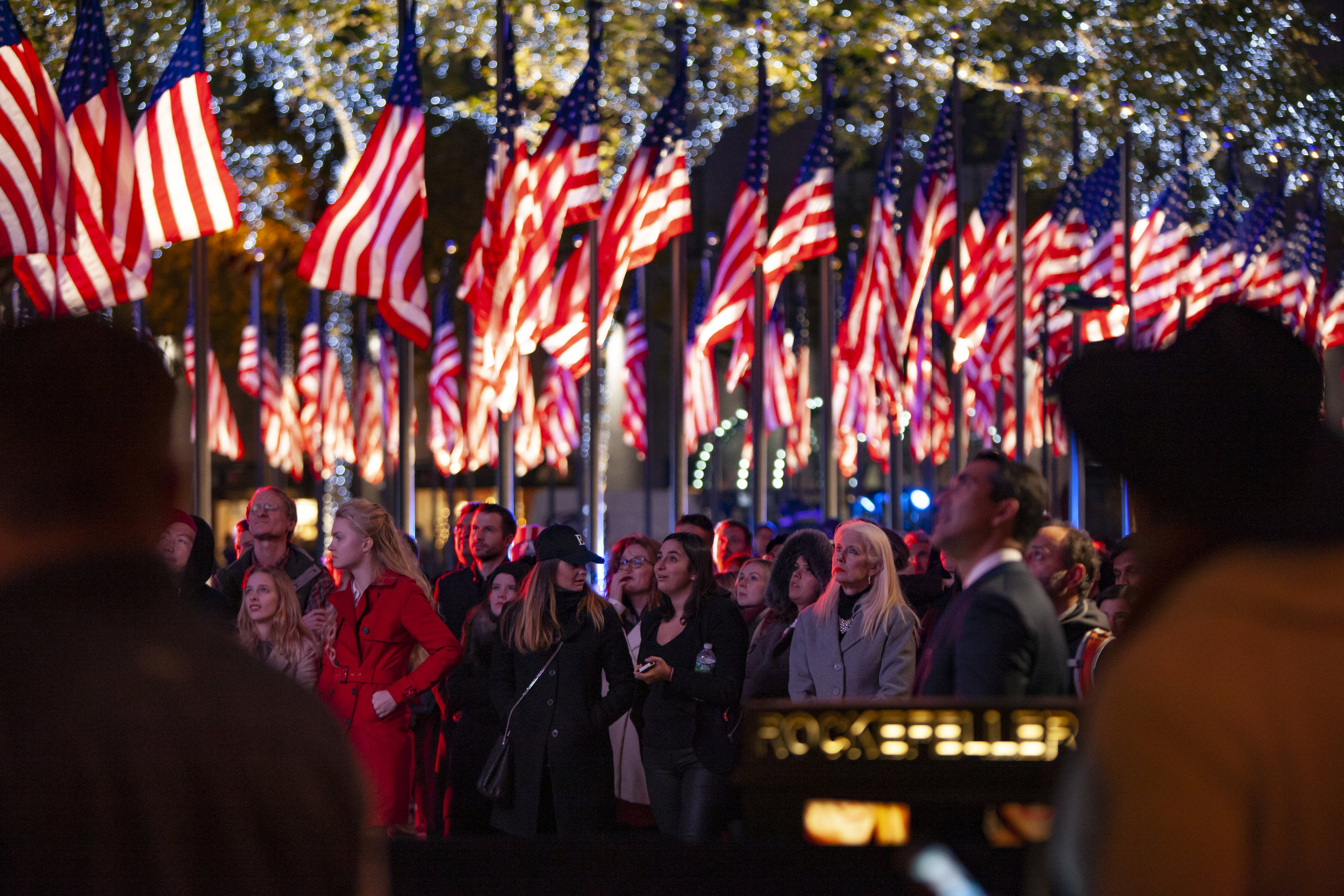 November 8th, 2016: Members of the public standing in Rockefeller Plaza watch the live presidential election results of the race between Donal Trump and Hillary Clinton on election night in New York City, USA.